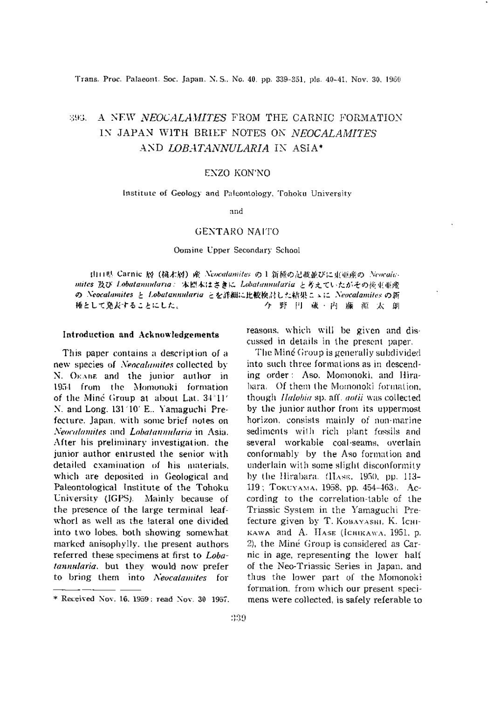 393 . a NEW NEOCALAMITES from the CARNIC FORMATION in JAPAN with BRIEF NOTES on NEOCALAMITES and LORATANNULARIA in ASIA* Reasons