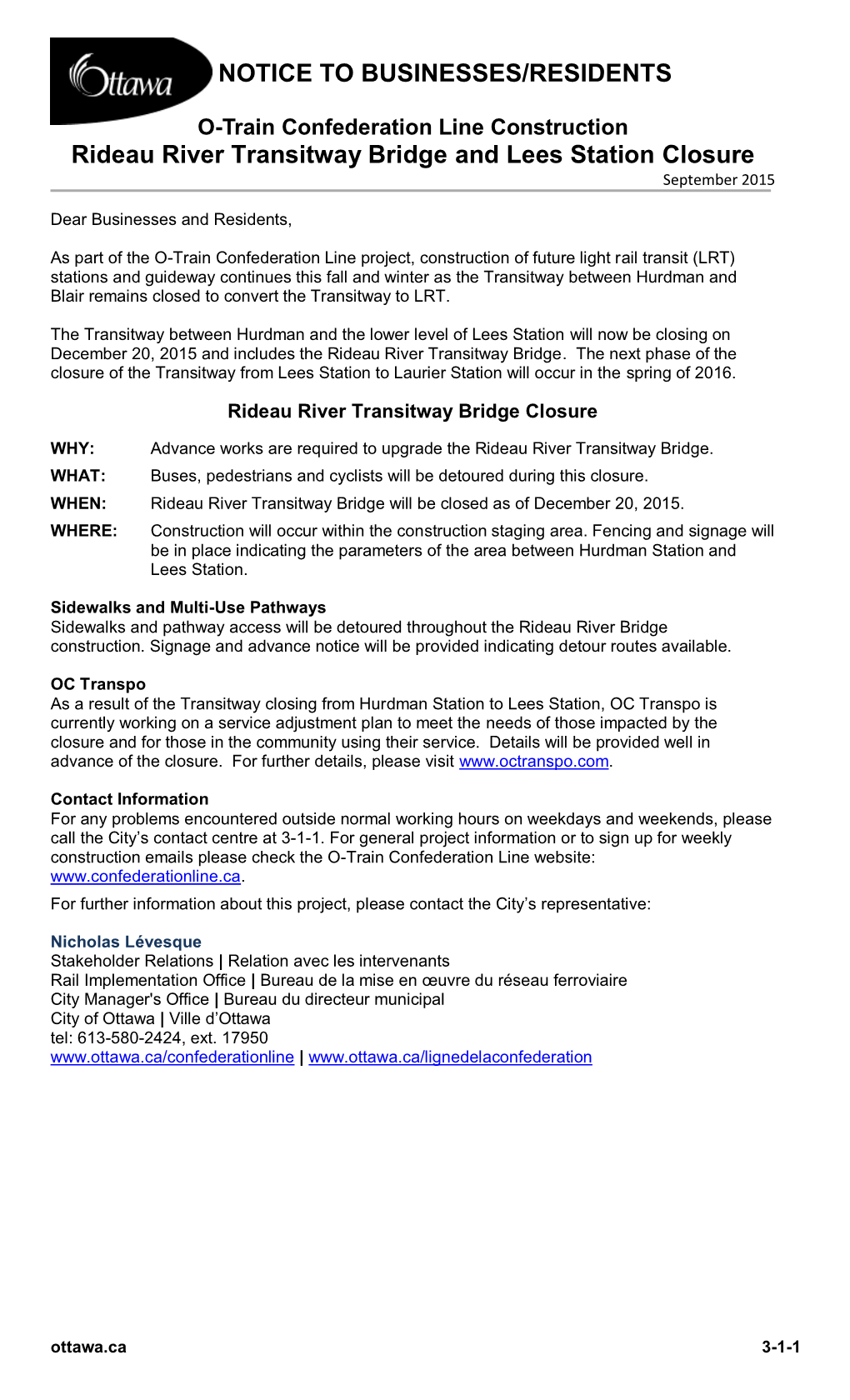 NOTICE to BUSINESSES/RESIDENTS Rideau River Transitway