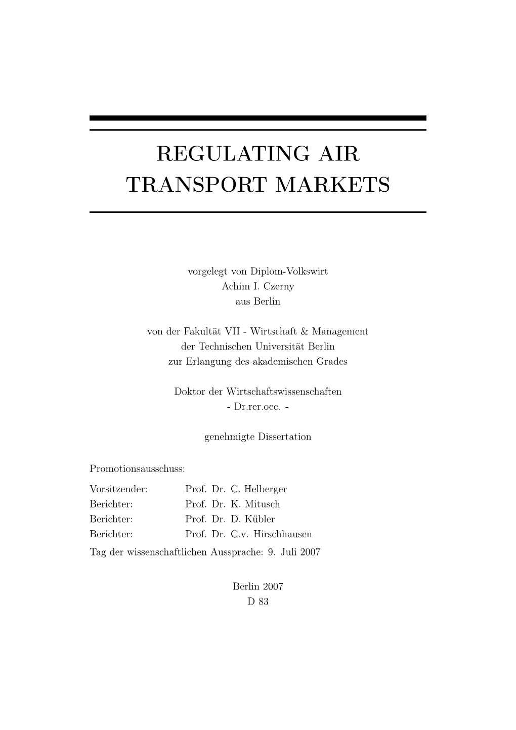 Regulating Air Transport Markets
