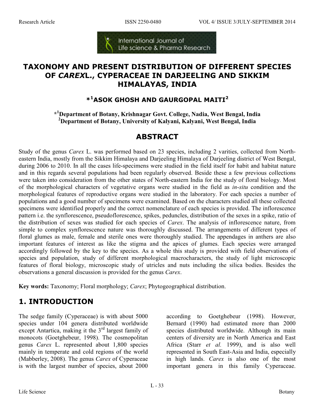 Taxonomy and Present Distribution of Different Species of Carex L., Cyperaceae in Darjeeling and Sikkim Himalayas, India