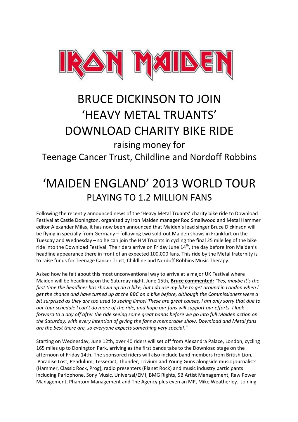 Bruce Dickinson to Join 'Heavy Metal Truants' Download Charity Bike Ride 'Maiden England' 2013 World Tour