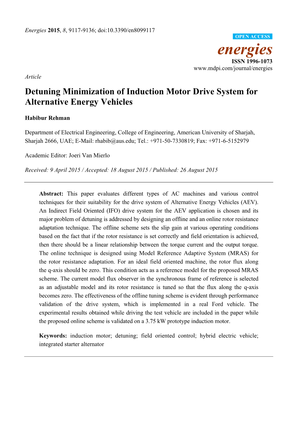 Detuning Minimization of Induction Motor Drive System for Alternative Energy Vehicles
