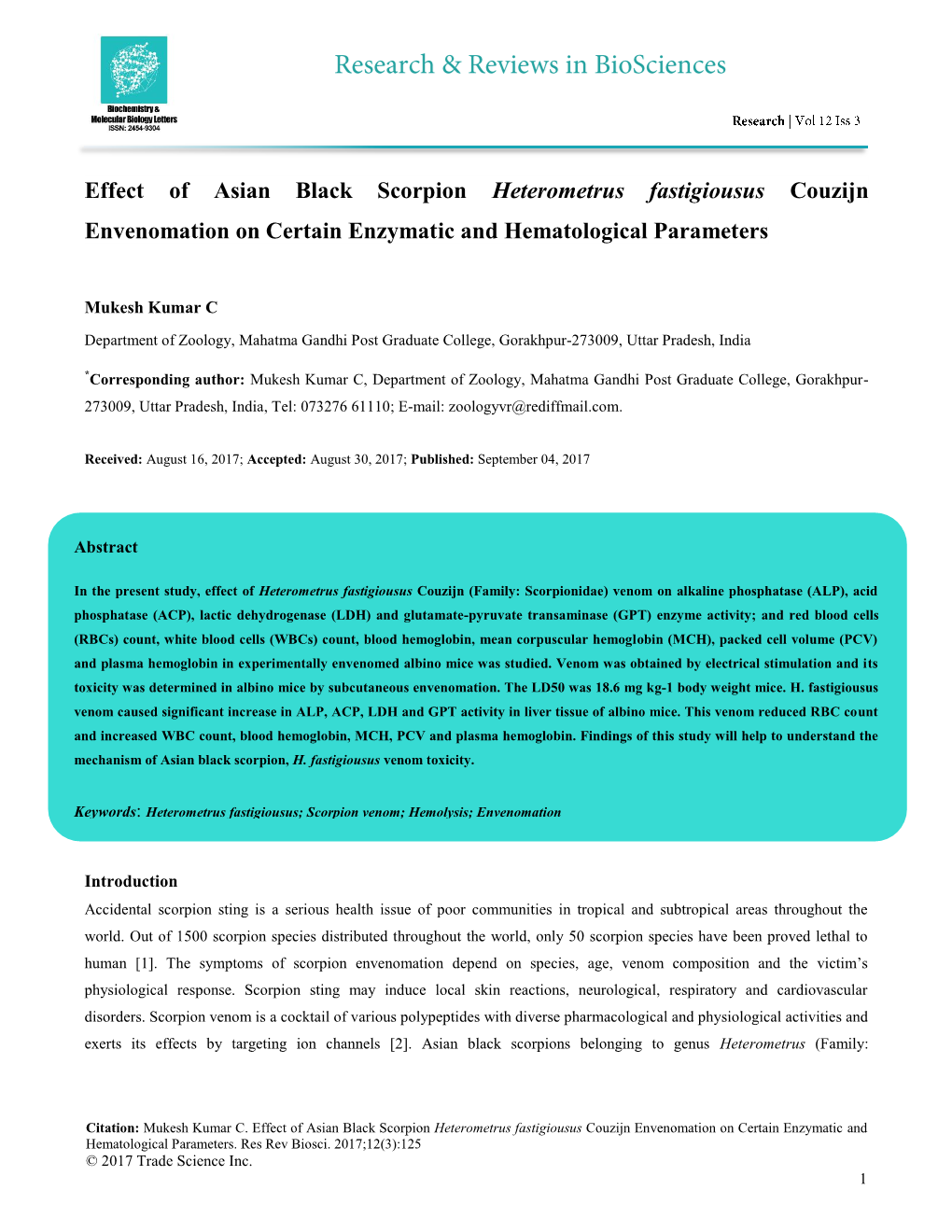 Effect of Asian Black Scorpion Heterometrus Fastigiousus Couzijn Envenomation on Certain Enzymatic and Hematological Parameters