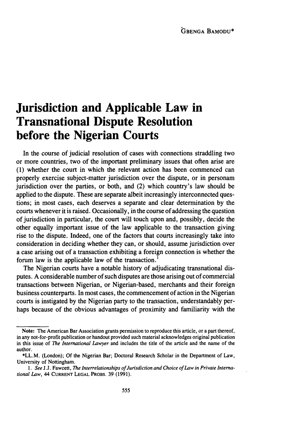 Jurisdiction and Applicable Law in Transnational Dispute Resolution Before the Nigerian Courts