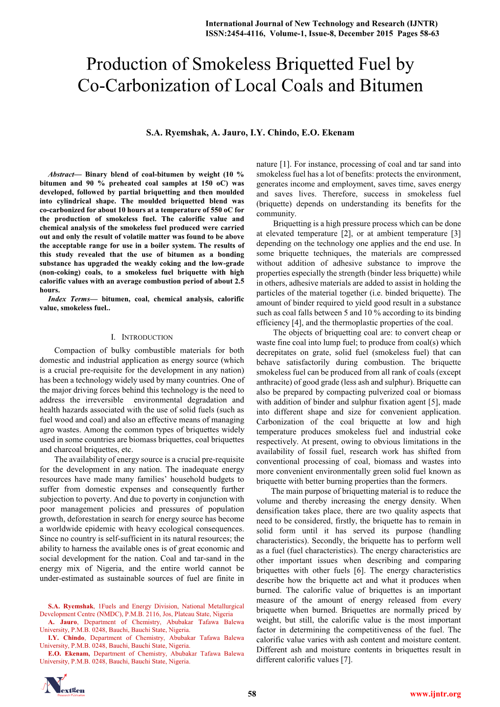 Production of Smokeless Briquetted Fuel by Co-Carbonization of Local Coals and Bitumen