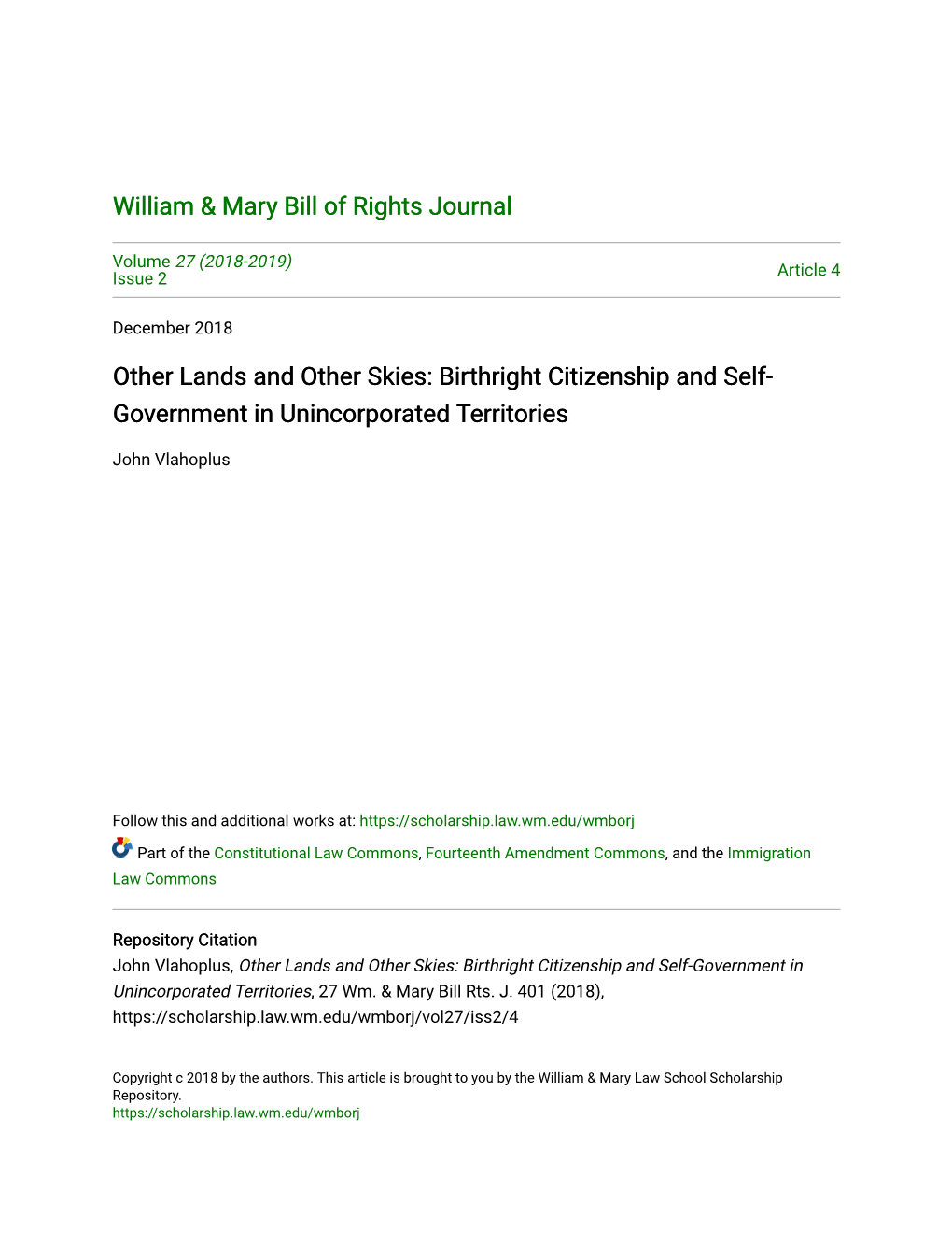 Other Lands and Other Skies: Birthright Citizenship and Self-Government in Unincorporated Territories, 27 Wm