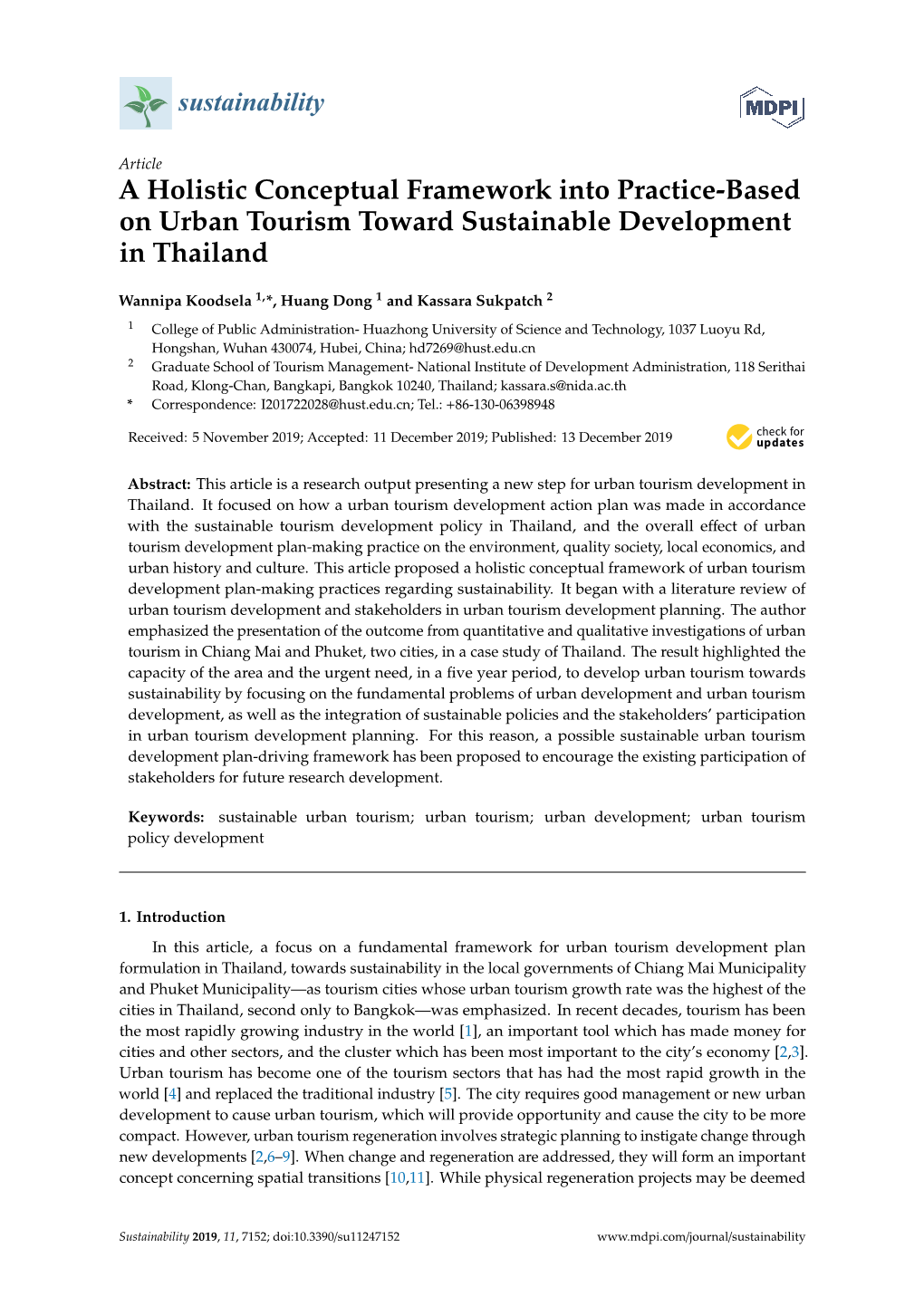 A Holistic Conceptual Framework Into Practice-Based on Urban Tourism Toward Sustainable Development in Thailand