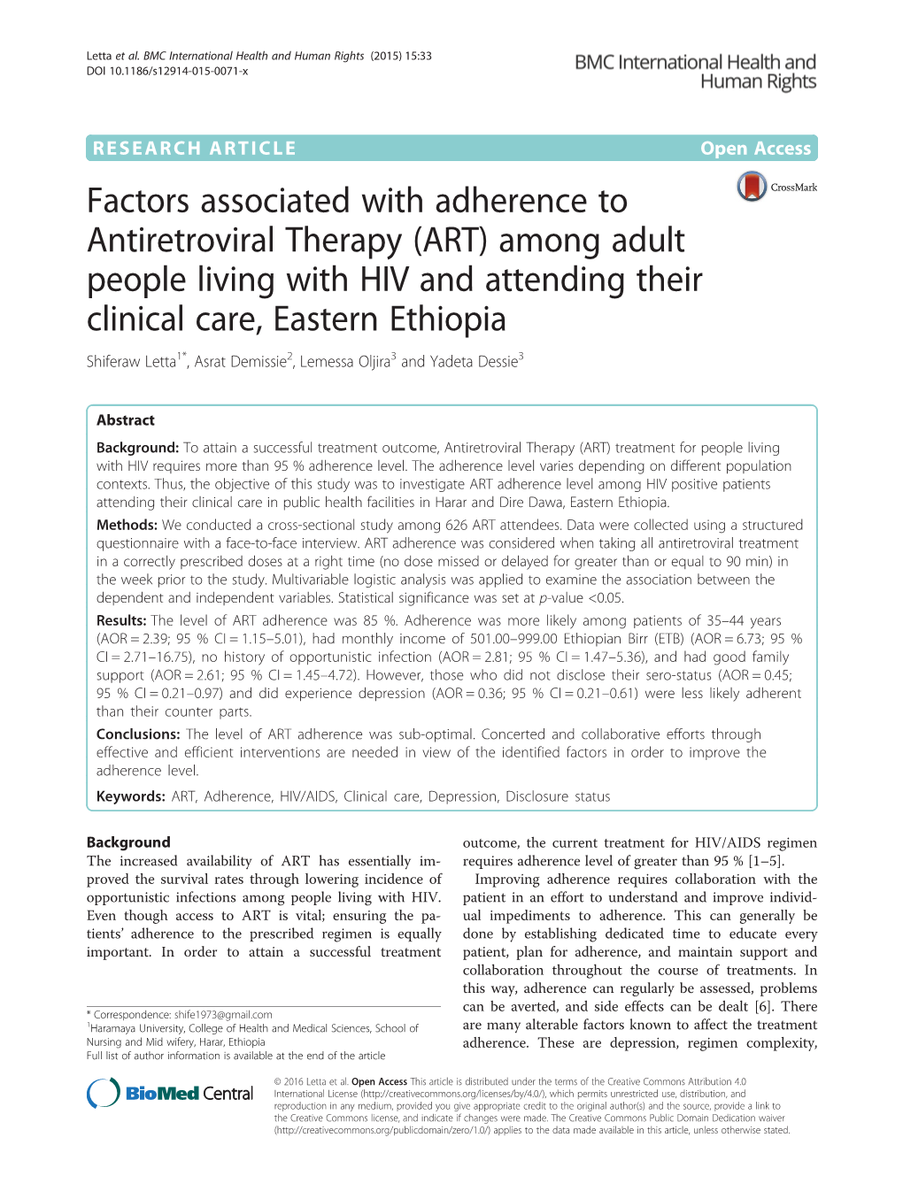 Factors Associated with Adherence to Antiretroviral Therapy (ART) Among