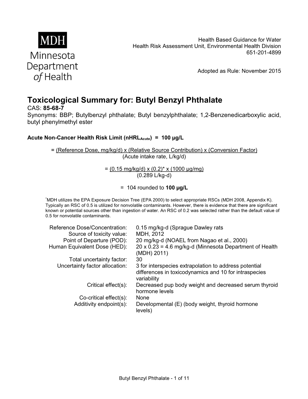 Butyl Benzyl Phthalate Toxicological Summary Sheet, Minnesota Department of Health, November 2015