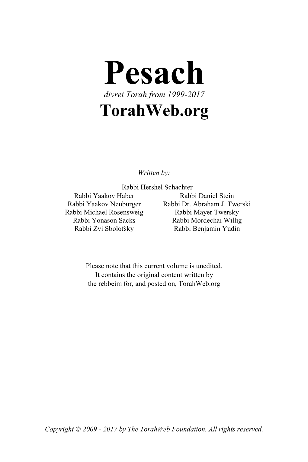 Pesach Divrei Torah from 1999-2017 Torahweb.Org