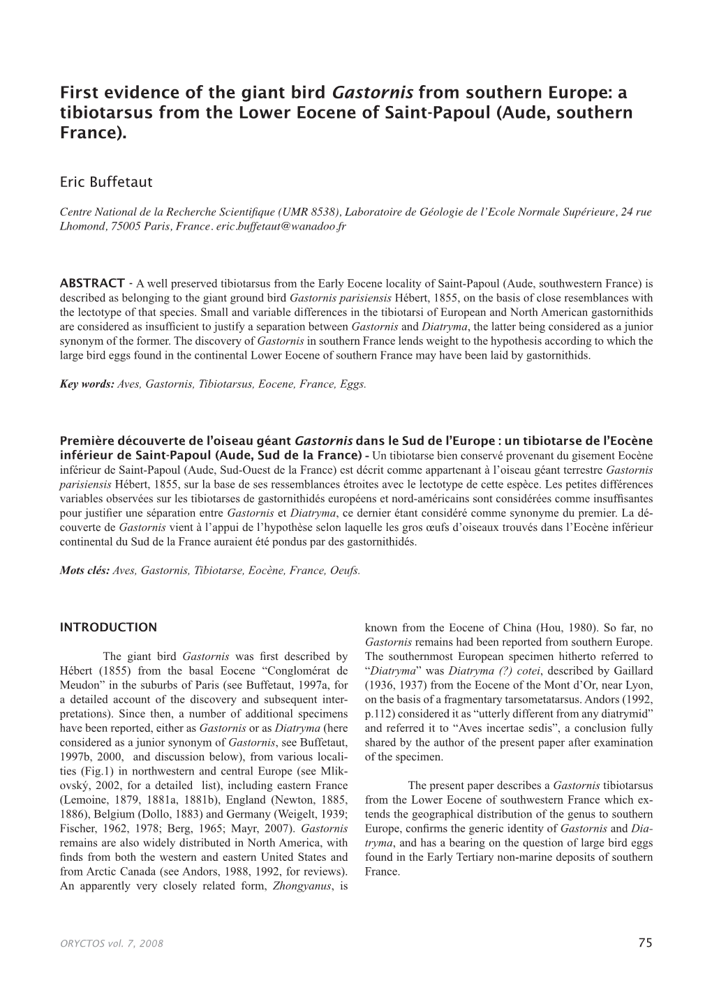 First Evidence of the Giant Bird Gastornis from Southern Europe: a Tibiotarsus from the Lower Eocene of Saint-Papoul (Aude, Southern France)