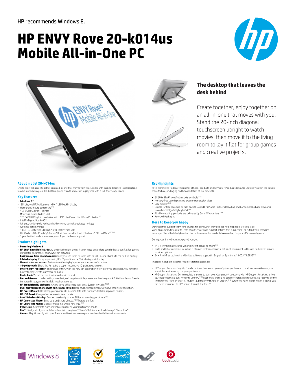 Data Sheet: HP ENVY Rove 20 Mobile All-In-One