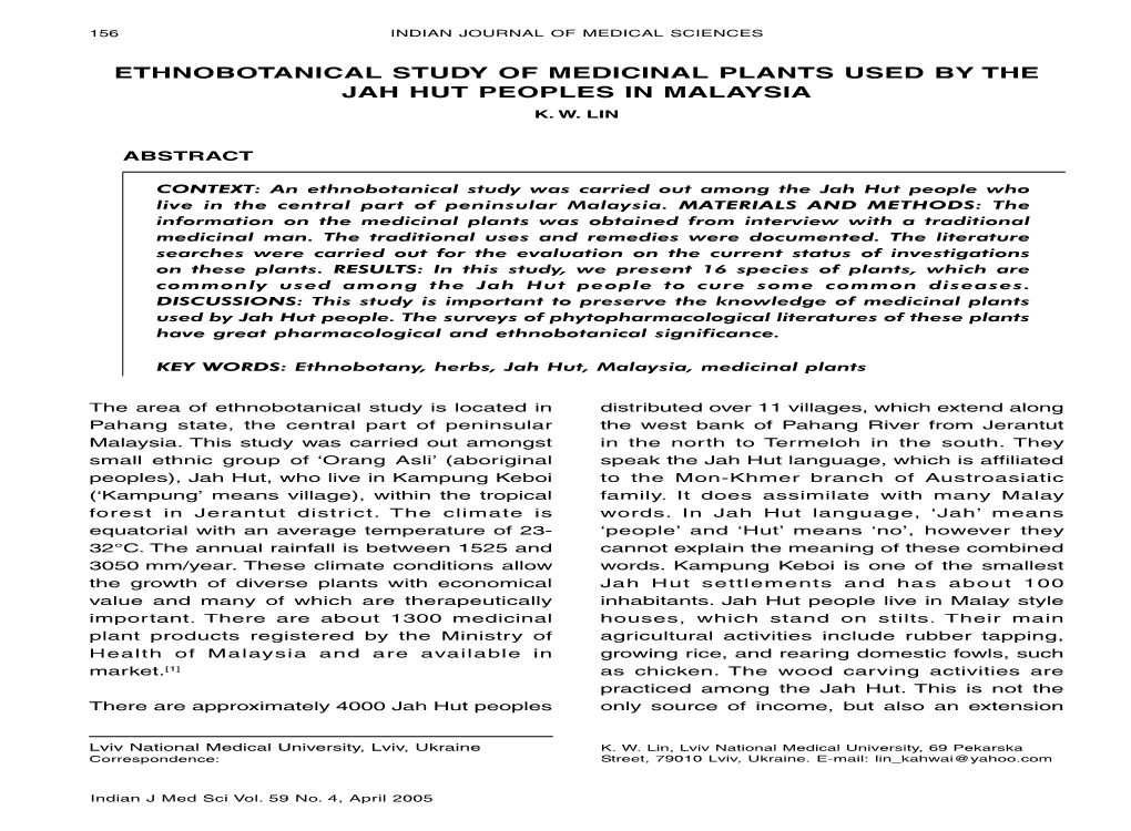 Ethnobotanical Study of Medicinal Plants Used by the Jah Hut Peoples