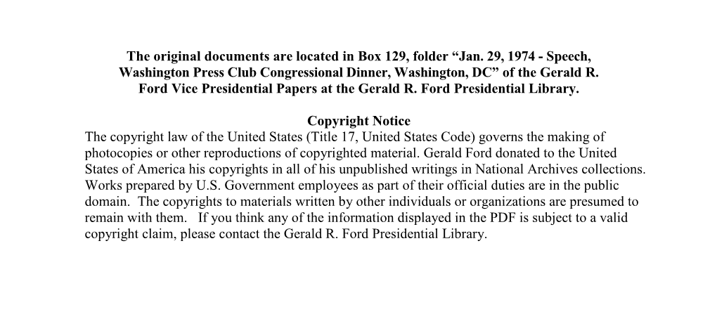 Jan. 29, 1974 - Speech, Washington Press Club Congressional Dinner, Washington, DC” of the Gerald R