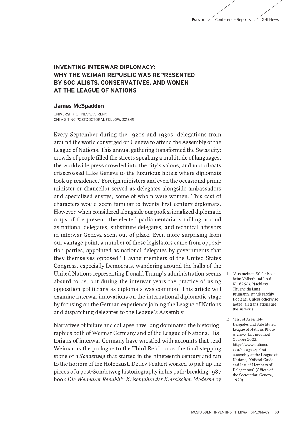 Inventing Interwar Diplomacy: Why the Weimar Republic Was Represented by Socialists, Conservatives, and Women at the League of Nations