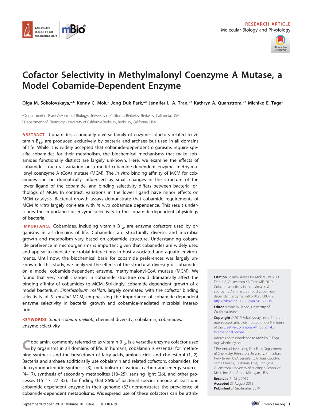 Cofactor Selectivity in Methylmalonyl Coenzyme a Mutase, a Model Cobamide-Dependent Enzyme