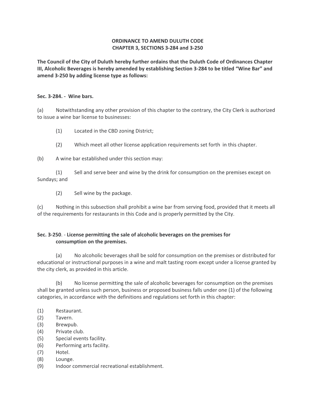 ORDINANCE to AMEND DULUTH CODE CHAPTER 3, SECTIONS 3-284 and 3-250