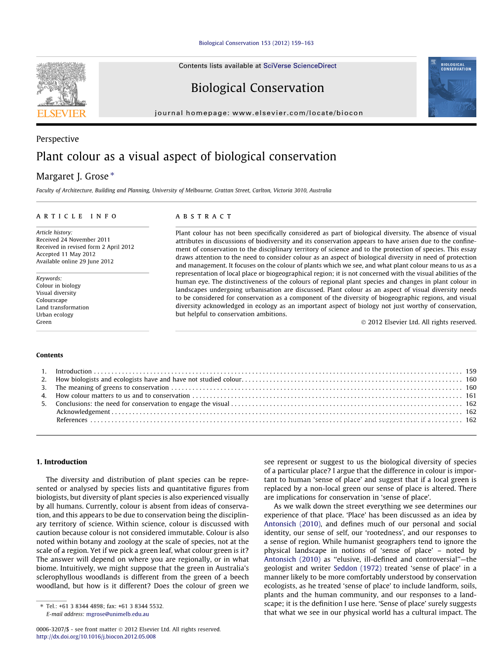 Plant Colour As a Visual Aspect of Biological Conservation ⇑ Margaret J