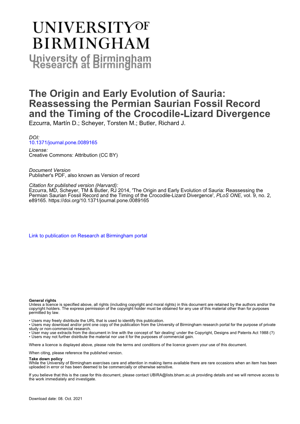 Reassessing the Permian Saurian Fossil Record and the Timing of the Crocodile-Lizard Divergence Ezcurra, Martín D.; Scheyer, Torsten M.; Butler, Richard J