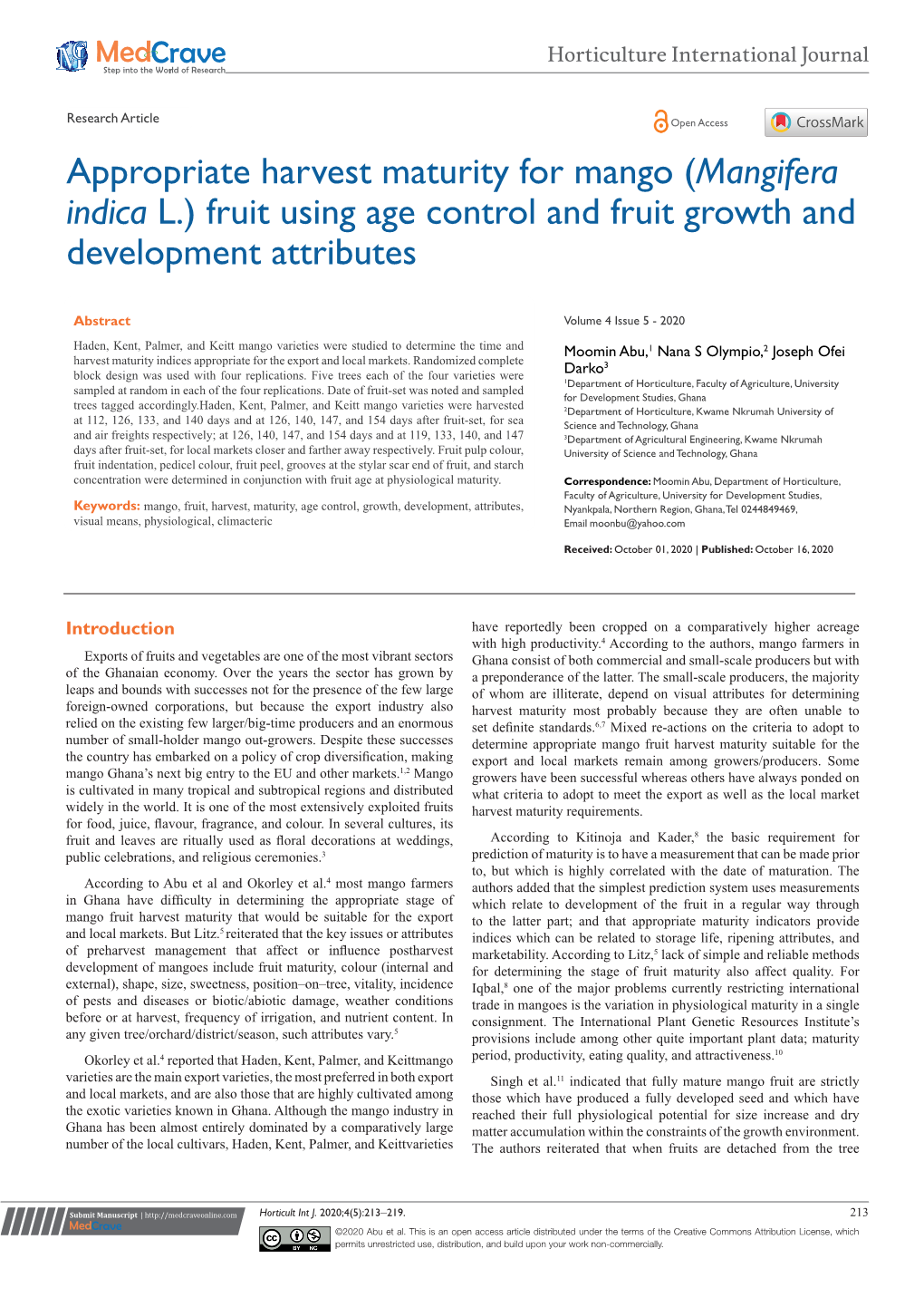 Appropriate Harvest Maturity for Mango (Mangifera Indica L.) Fruit Using Age Control and Fruit Growth and Development Attributes