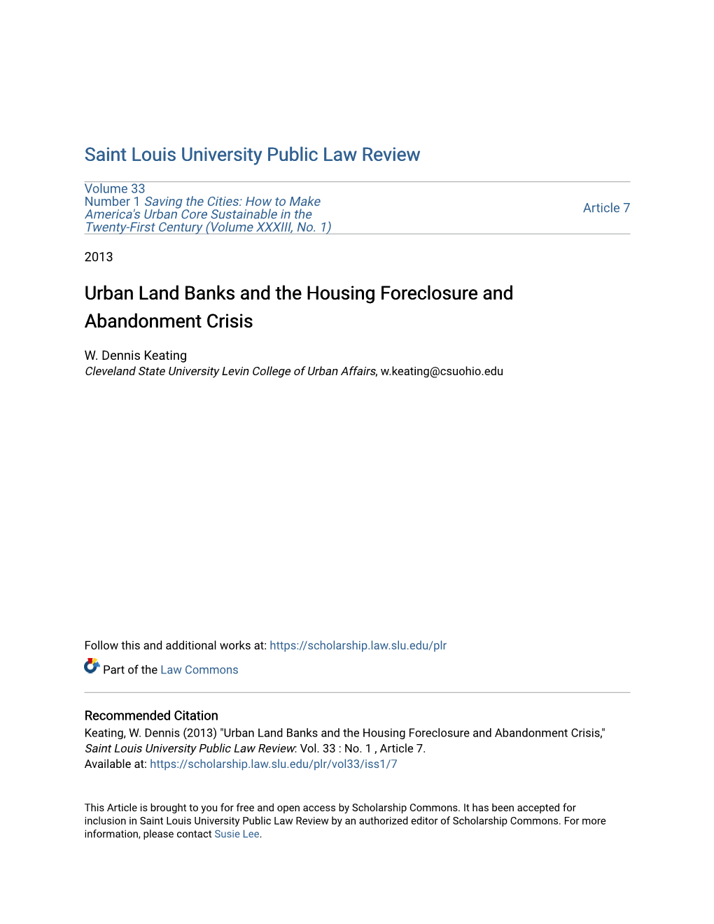 Urban Land Banks and the Housing Foreclosure and Abandonment Crisis