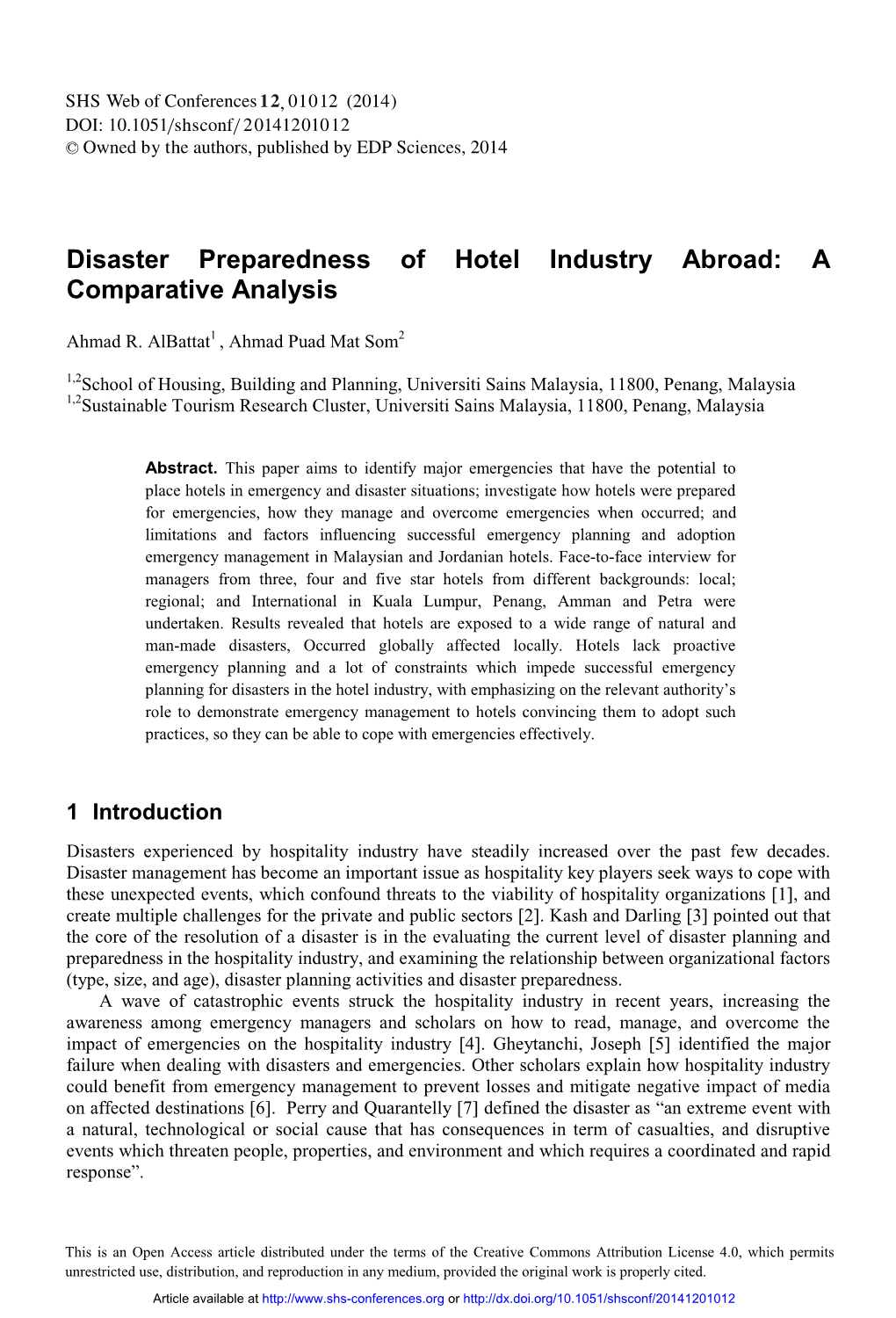Disaster Preparedness of Hotel Industry Abroad: a Comparative Analysis