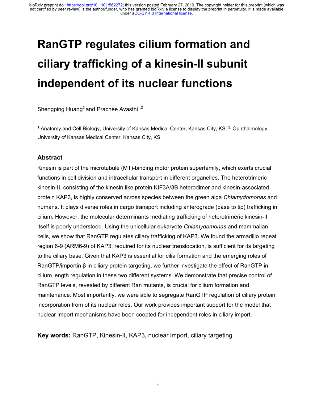 Rangtp Regulates Cilium Formation and Ciliary Trafficking of a Kinesin-II Subunit Independent of Its Nuclear Functions