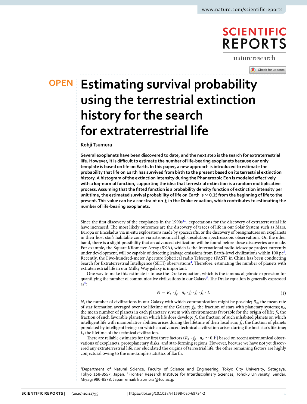 Estimating Survival Probability Using the Terrestrial Extinction History for the Search for Extraterrestrial Life Kohji Tsumura