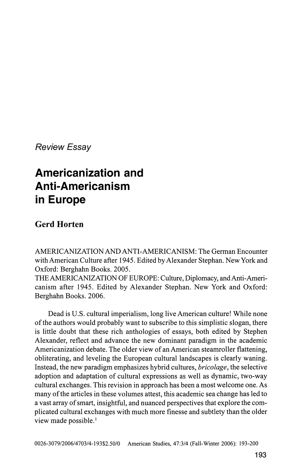 Americanization and Anti-Americanism in Europe