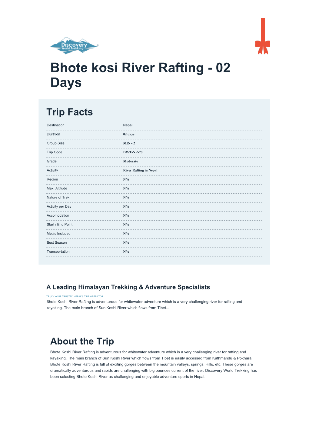 Bhote Kosi River Rafting - 02 Days