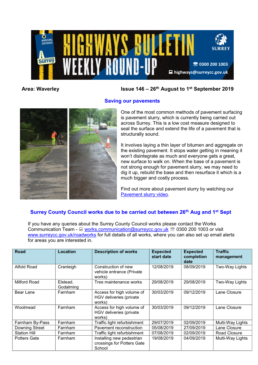 Waverley Issue 146 – 26Th August to 1St September 2019 Saving Our Pavements Surrey County Council Works Due to Be Carri