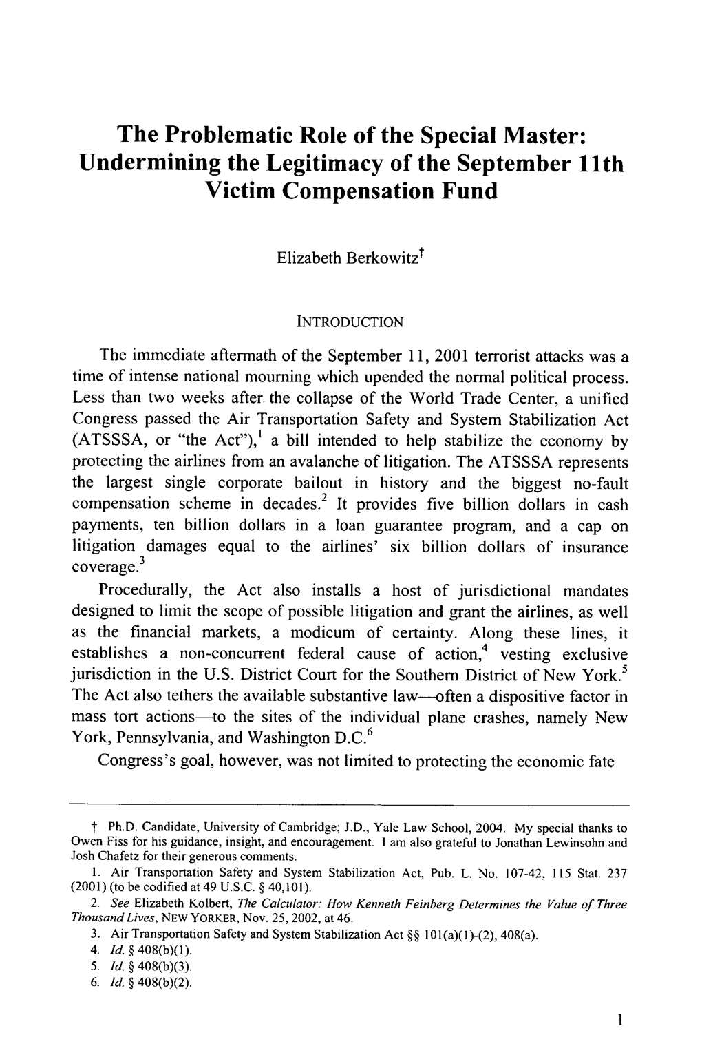 Undermining the Legitimacy of the September 11Th Victim Compensation Fund