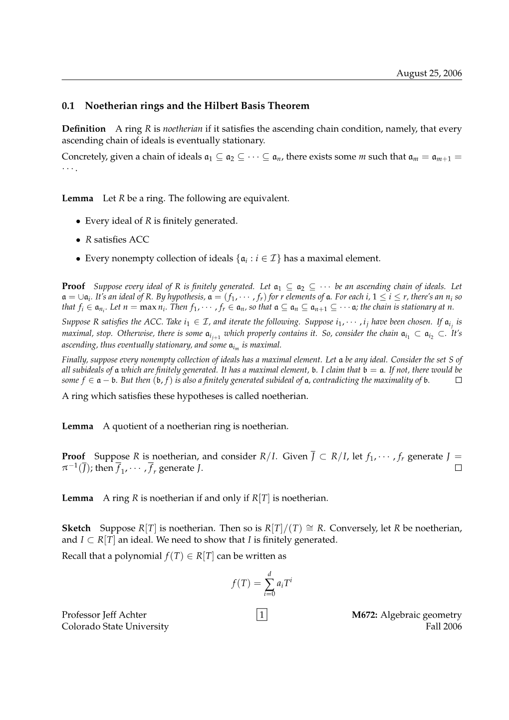 0.1 Noetherian Rings and the Hilbert Basis Theorem