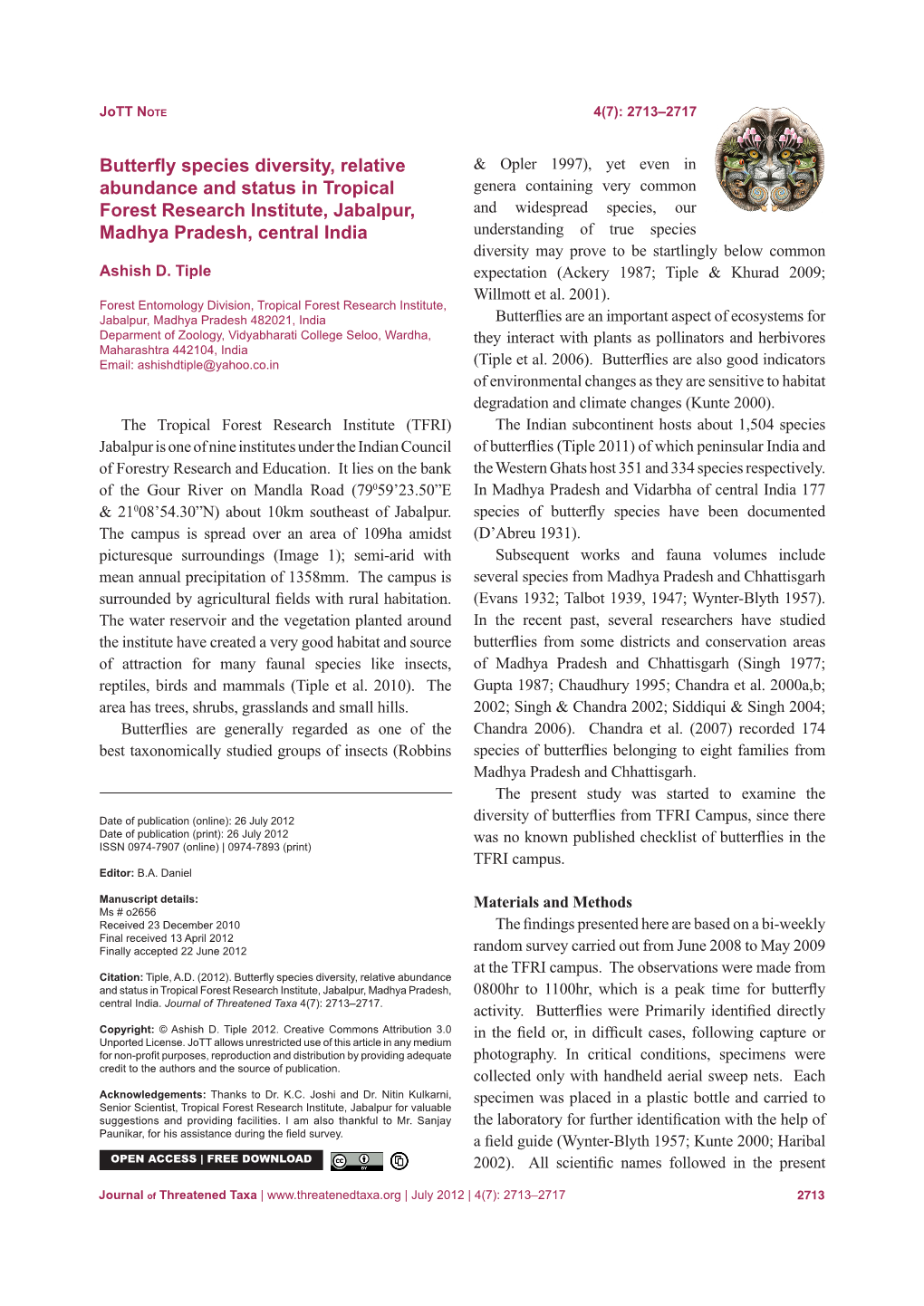 Butterfly Species Diversity, Relative Abundance and Status in Tropical Forest Research Institute, Jabalpur, Madhya Pradesh, Cent