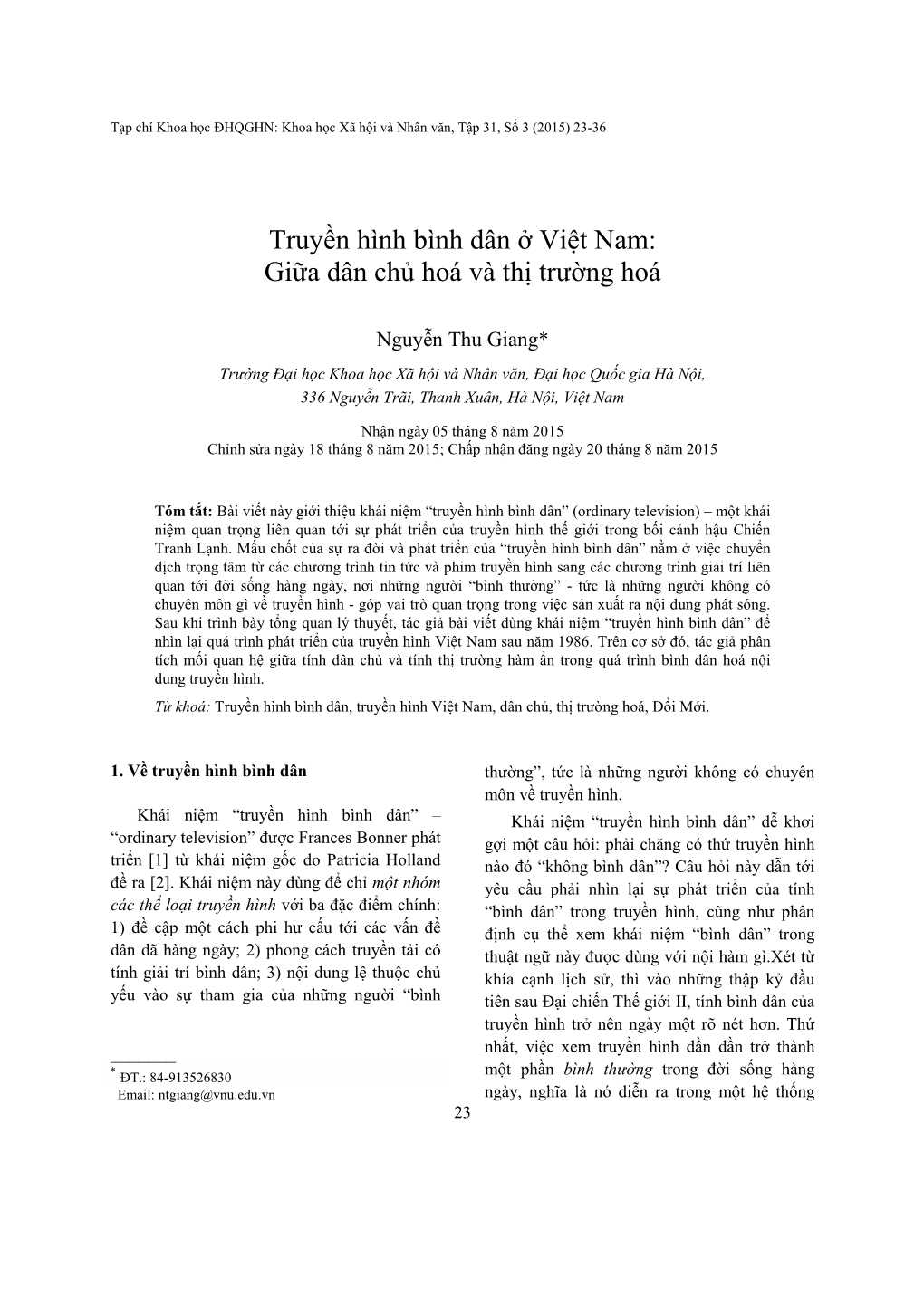 Truyền Hình Bình Dân Ở Việt Nam: Giữa Dân Chủ Hoá Và Thị Trường Hoá