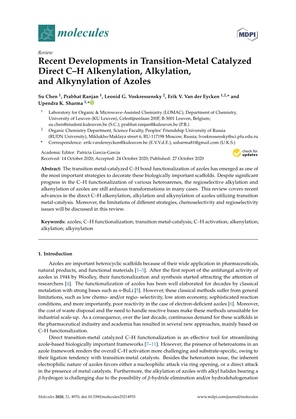 Recent Developments in Transition-Metal Catalyzed Direct C–H Alkenylation, Alkylation, and Alkynylation of Azoles