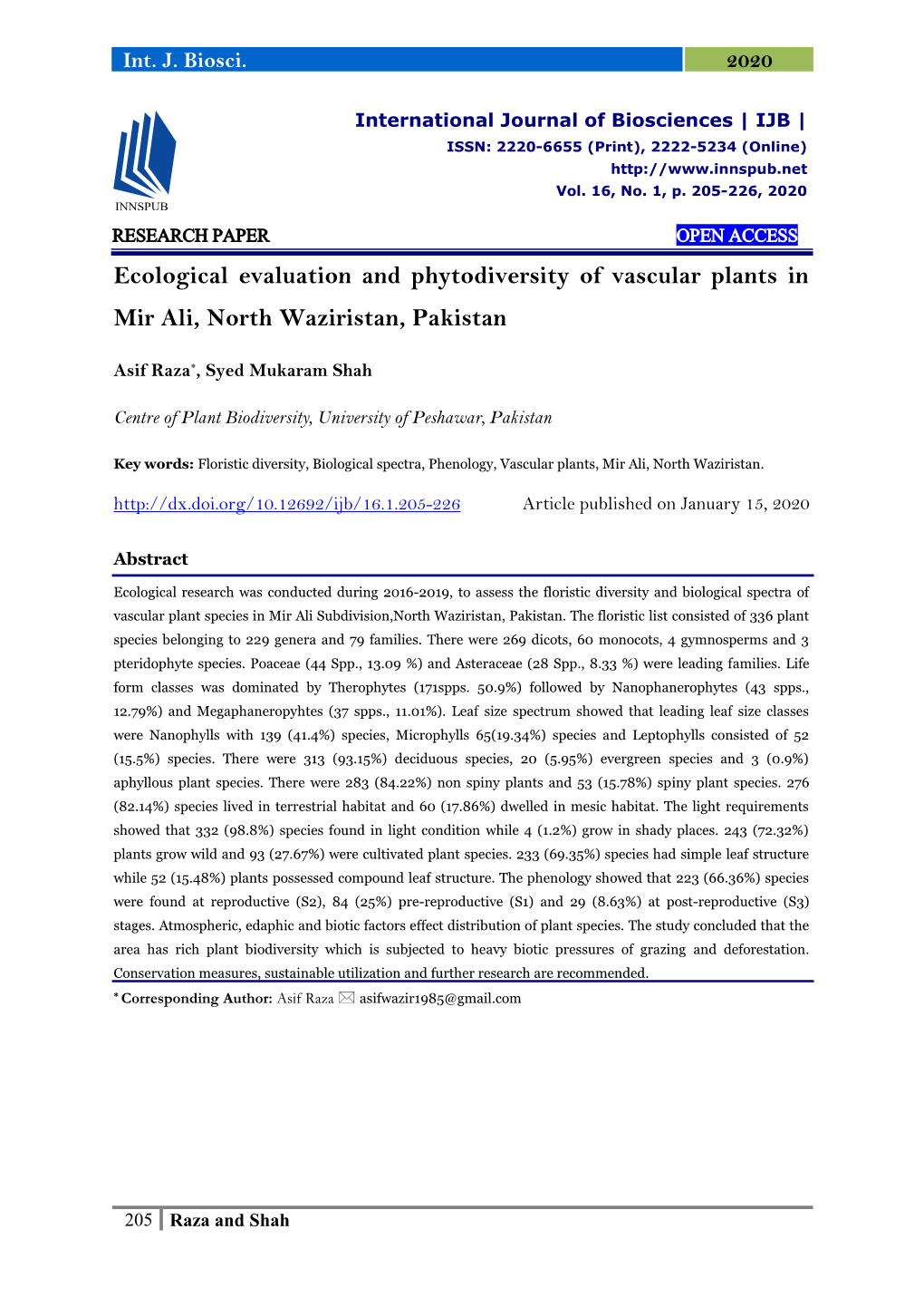 Ecological Evaluation and Phytodiversity of Vascular Plants in Mir Ali, North Waziristan, Pakistan