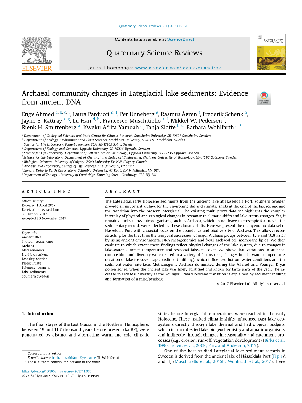 Archaeal Community Changes in Lateglacial Lake Sediments: Evidence from Ancient DNA