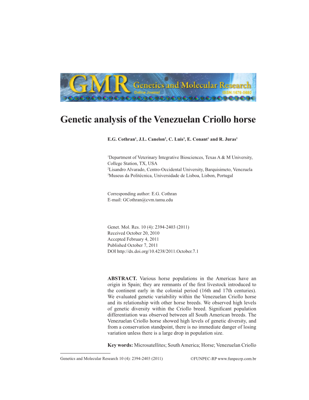 Genetic Analysis of the Venezuelan Criollo Horse