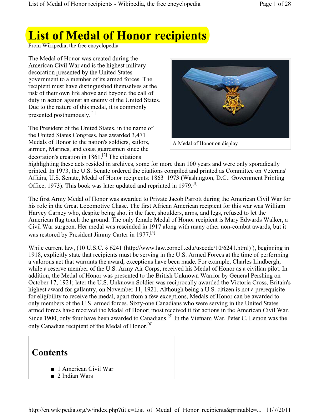 List of Medal of Honor Recipients - Wikipedia, the Free Encyclopedia Page 1 of 28