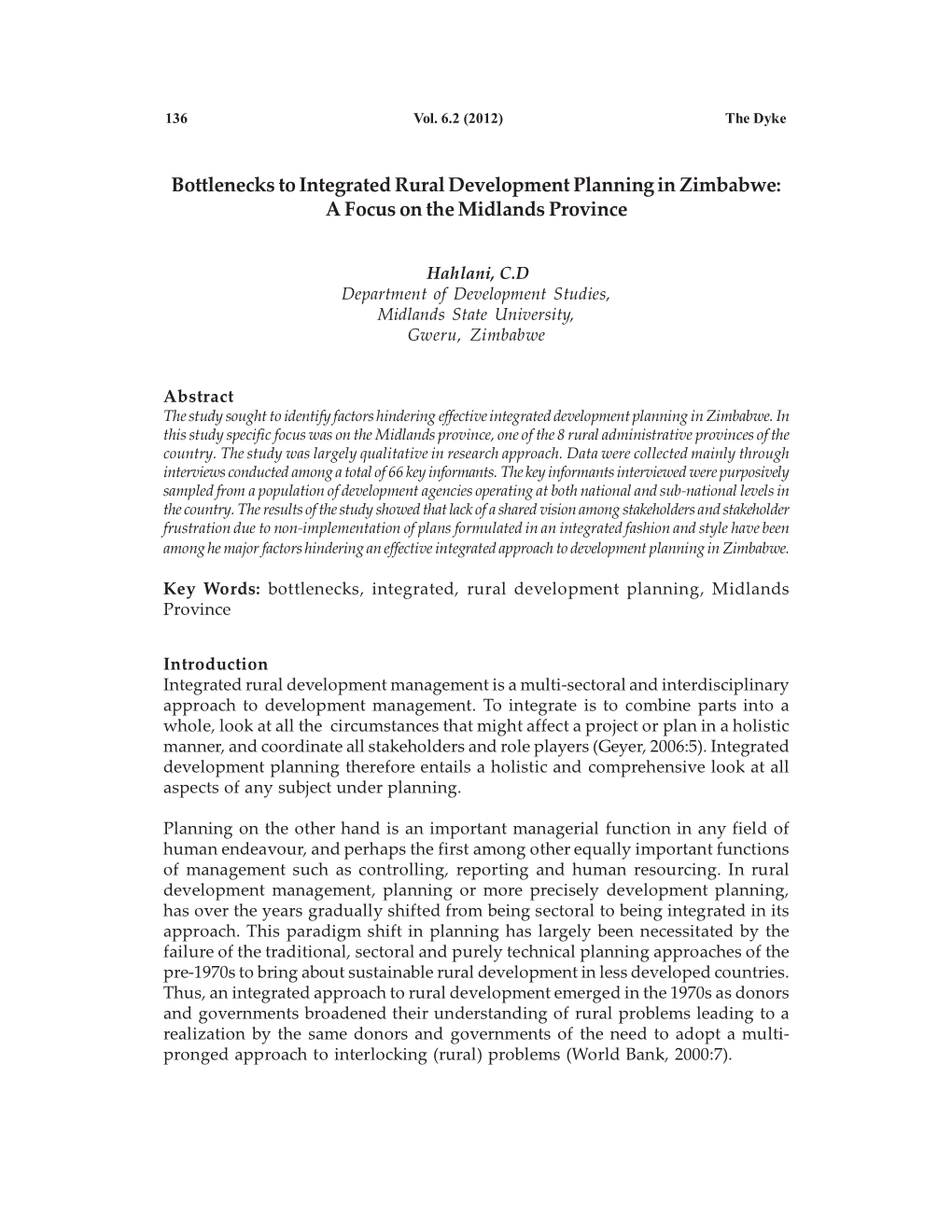 Bottlenecks to Integrated Rural Development Planning in Zimbabwe: a Focus on the Midlands Province