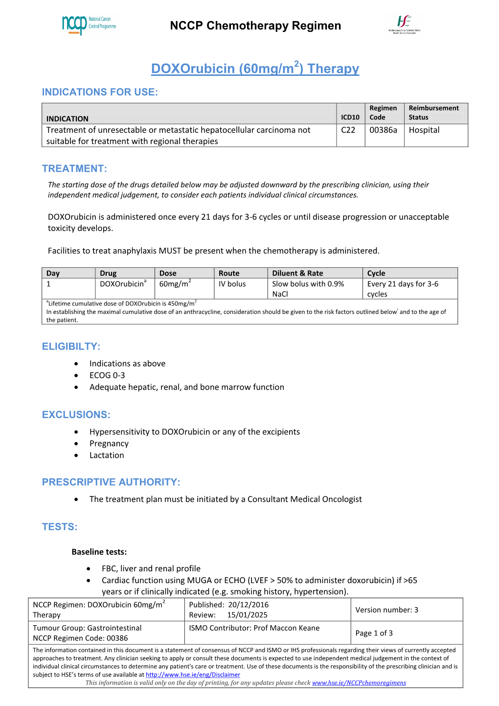 NCCP Chemotherapy Regimen