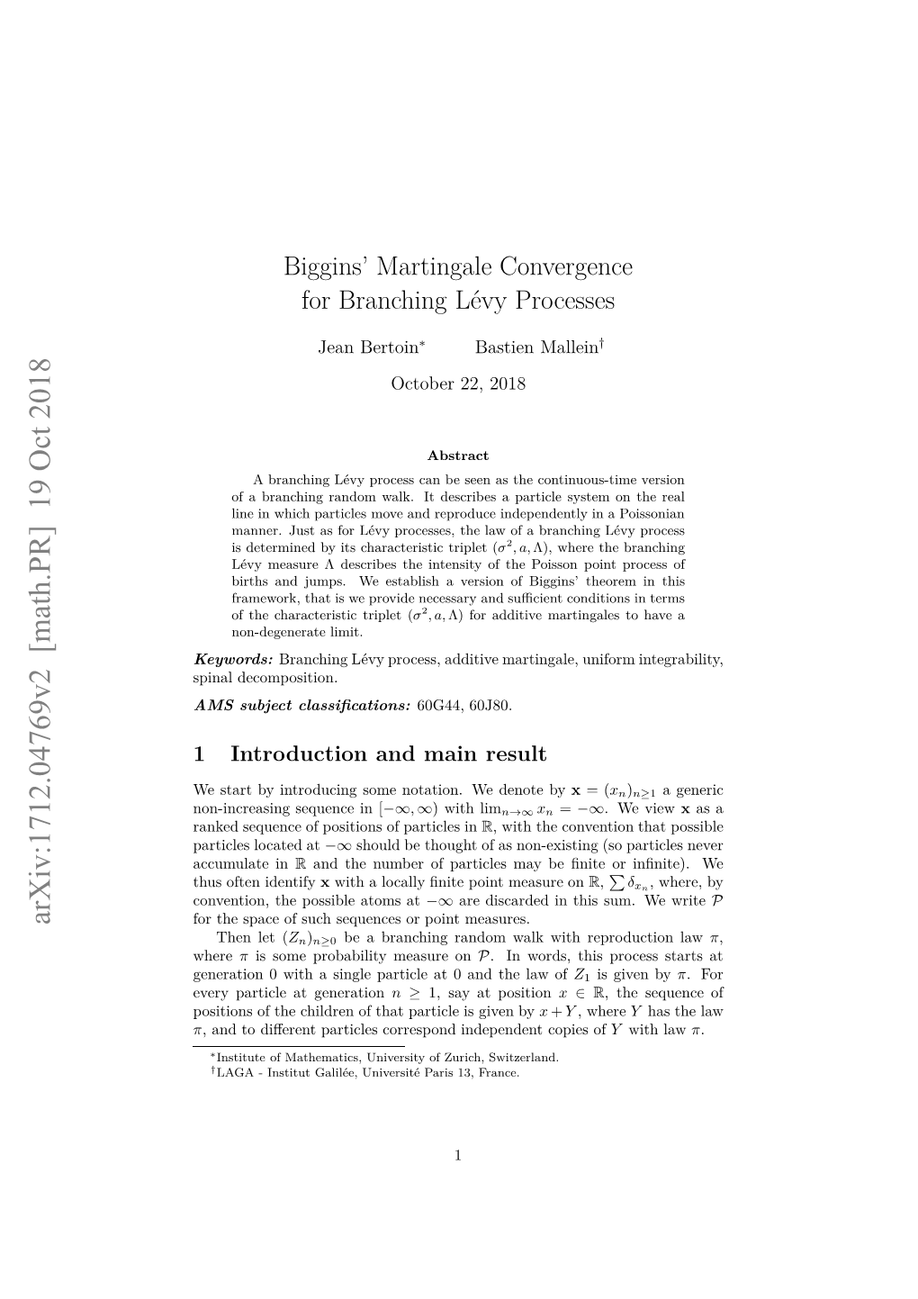 Biggins' Martingale Convergence for Branching L\'Evy Processes