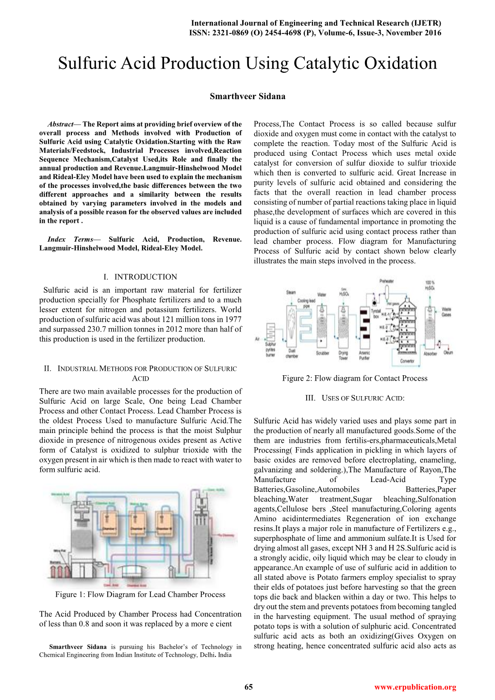 Sulfuric Acid Production Using Catalytic Oxidation