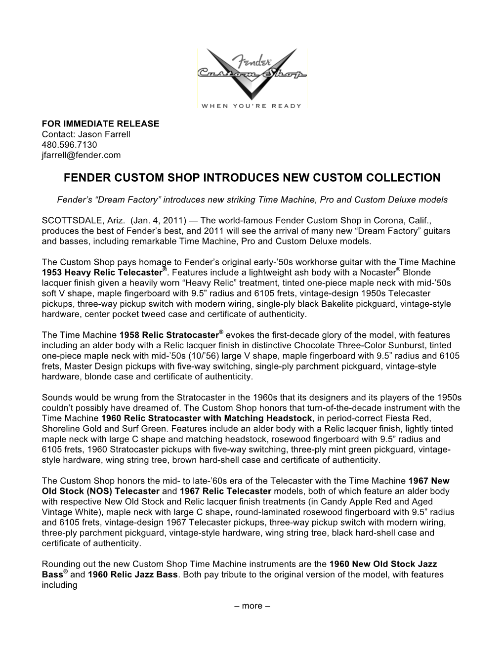 Fender Custom Shop Introduces New Custom Collection