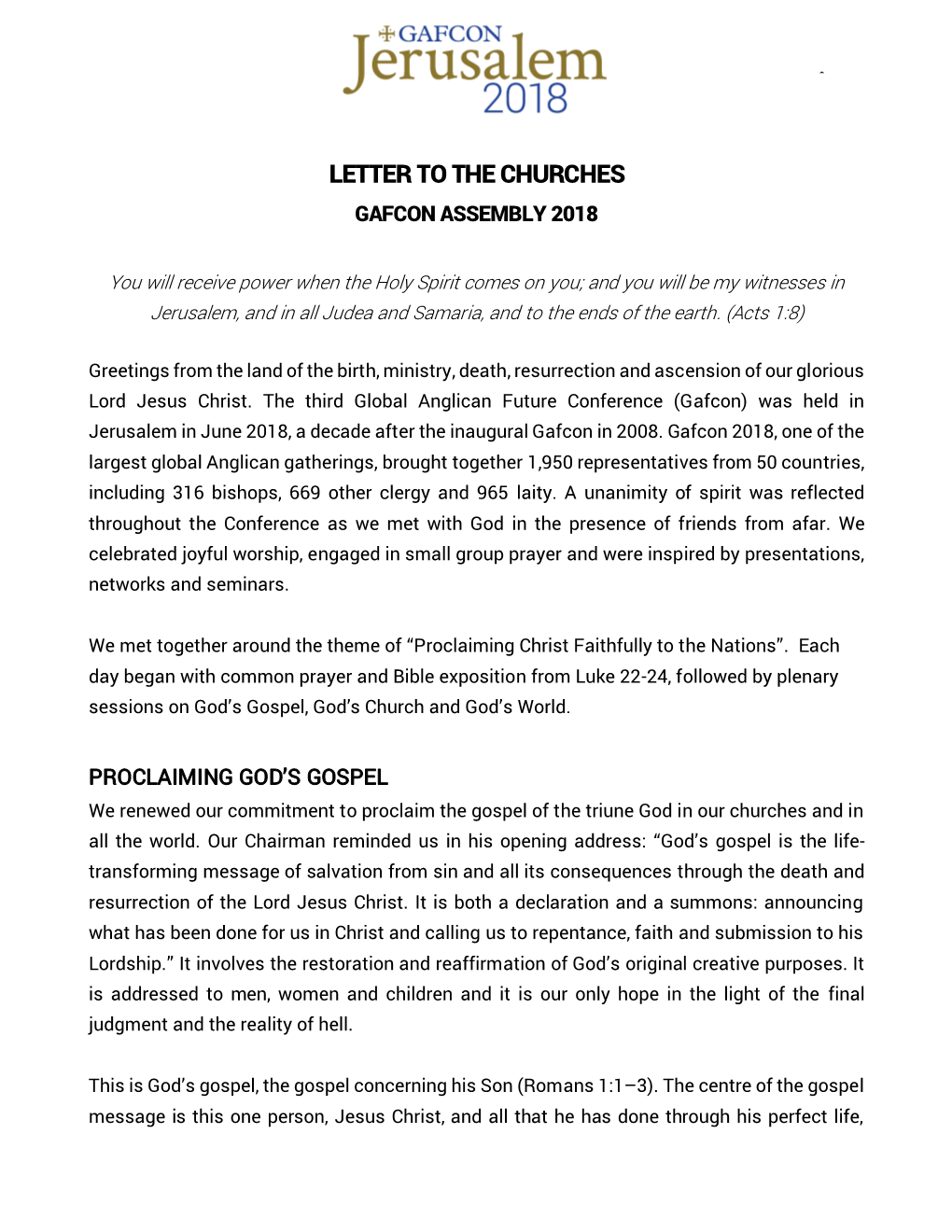 Letter to the Churches Gafcon Assembly 2018
