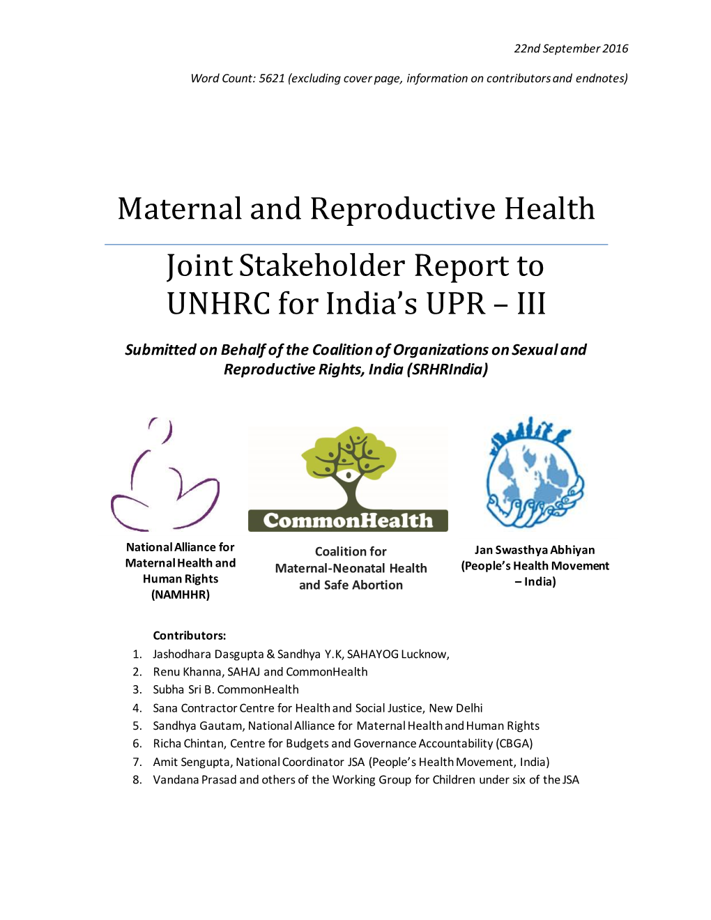 Maternal and Reproductive Health Joint Stakeholder Report to UNHRC for India’S UPR – III