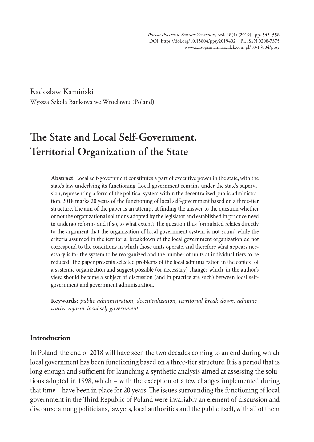 The State and Local Self-Government. Territorial Organization of the State