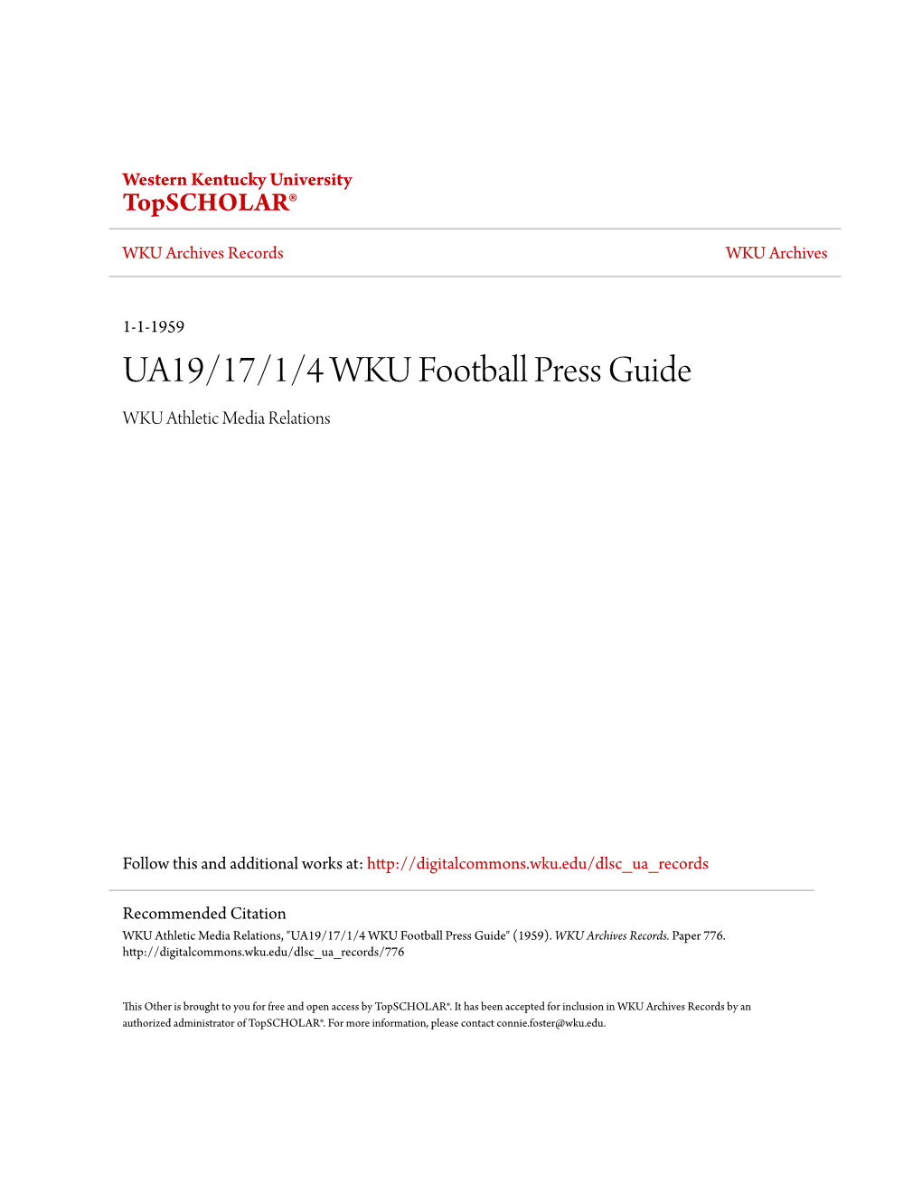 UA19/17/1/4 WKU Football Press Guide WKU Athletic Media Relations