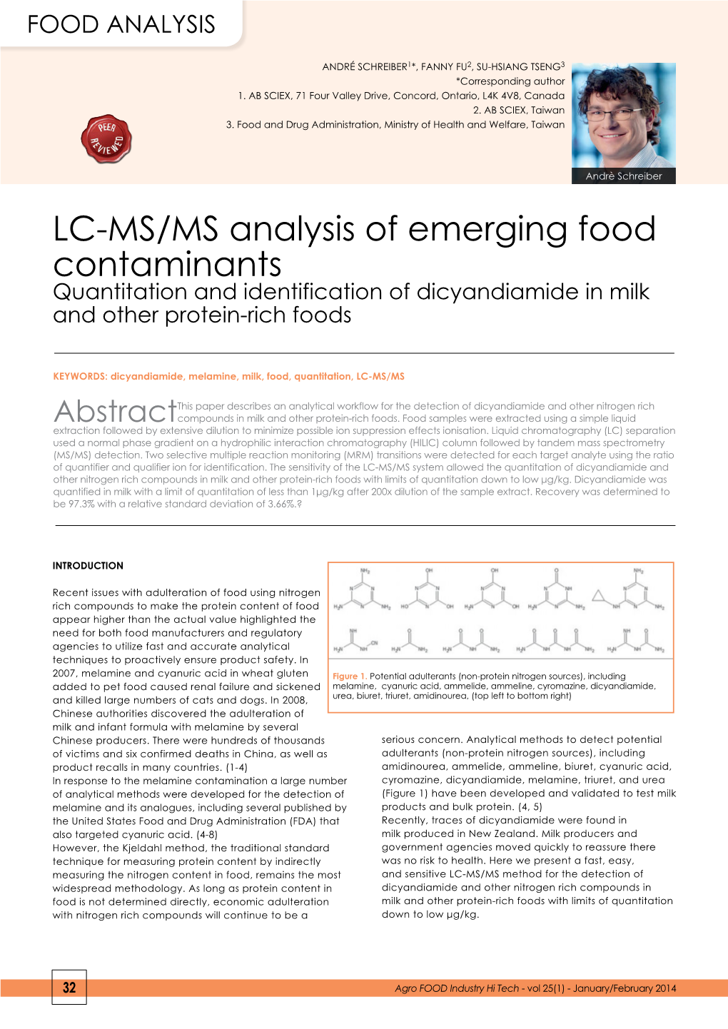 LC-MS/MS Analysis of Emerging Food Contaminants Quantitation and Identification of Dicyandiamide in Milk and Other Protein-Rich Foods